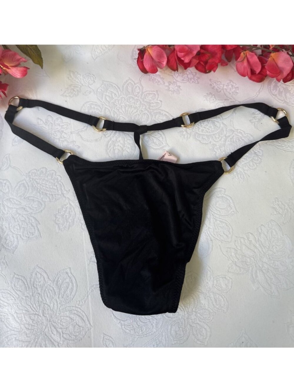 VICTORIA'S SECRET L BLACK GOLD O CHARM STRAPPY SILKY V STRING THONG PANTIES NWT
